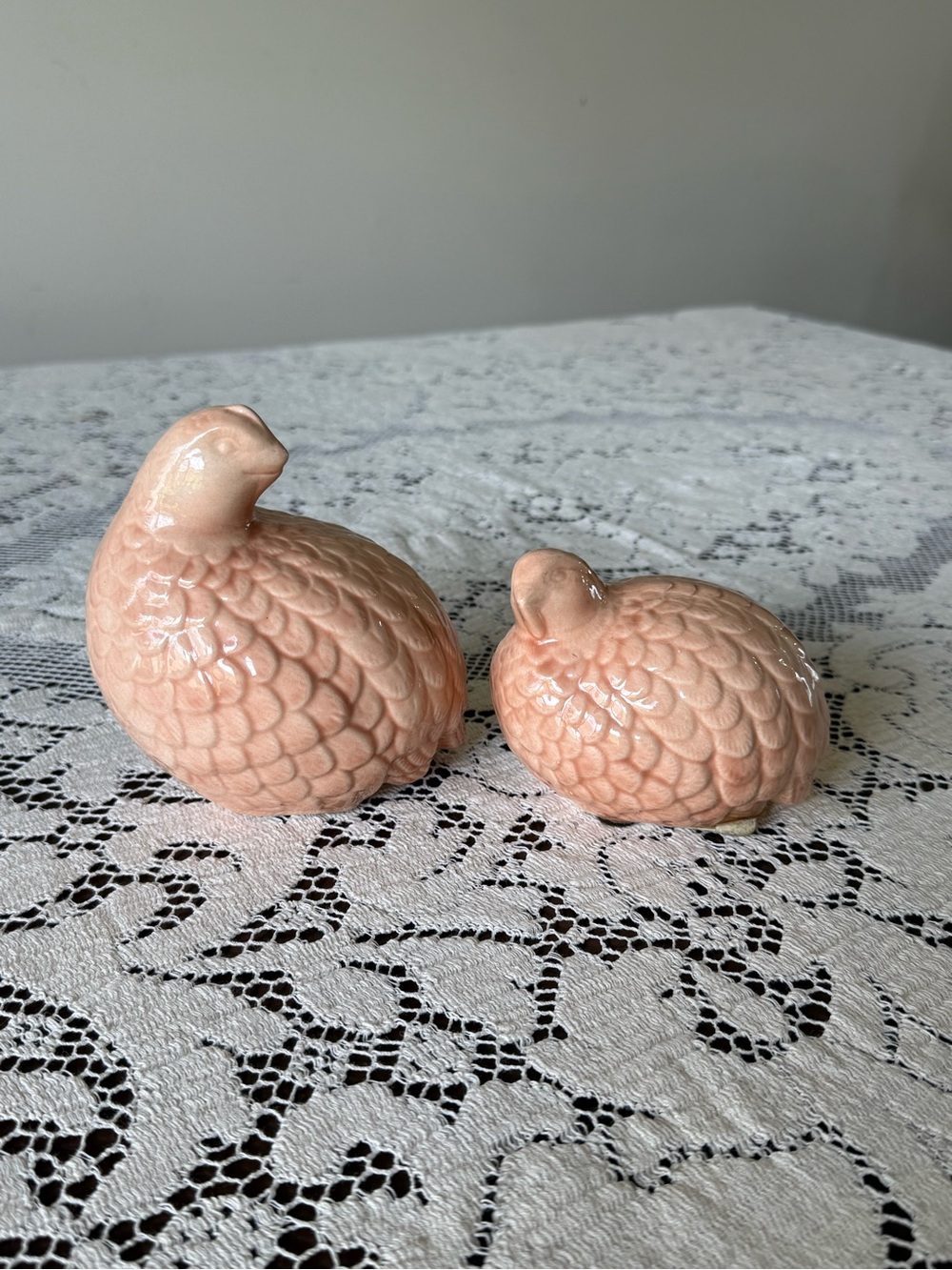 Pair of Pink Glazed Ceramic Quail Figurines